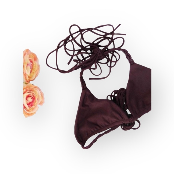 new Mikoh ꧁ Indies Strappy Macramé Halter Strap Triangle Bikini Top ꧂ Wine Small - Picture 3 of 16